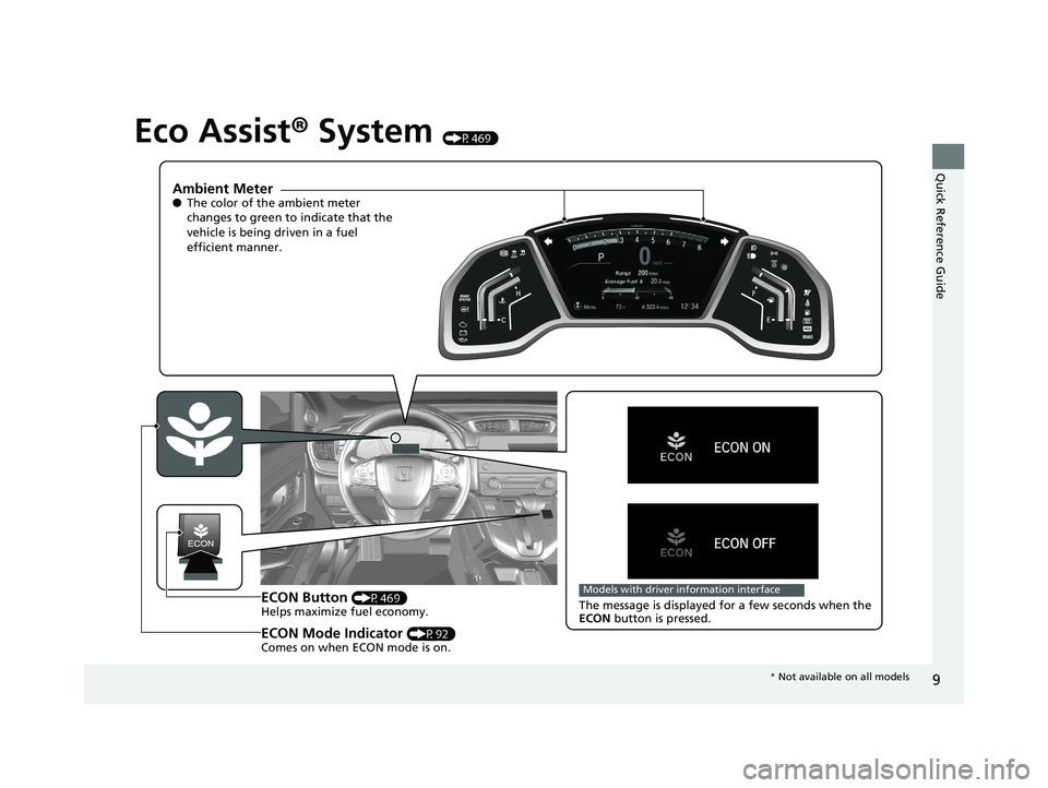 HONDA CR-V 2019   (in English) User Guide 9
Quick Reference Guide
Eco Assist® System (P469)
Ambient Meter●The color of the ambient meter 
changes to green to indicate that the 
vehicle is being driven in a fuel 
efficient manner.
ECON Butt