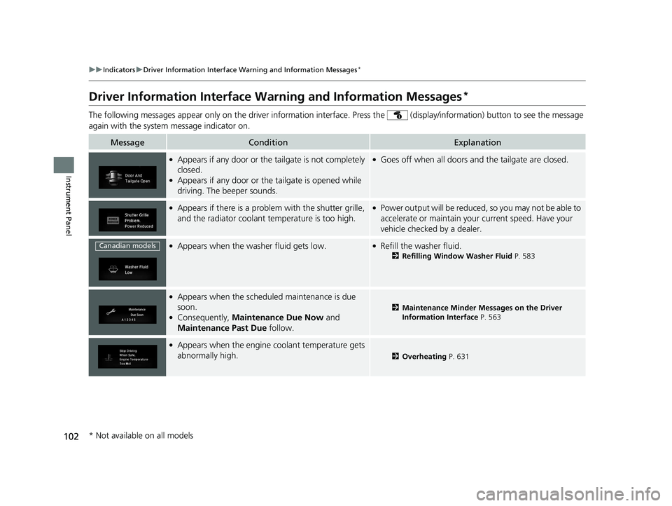 HONDA CR-V 2019 Owners Manual (in English) 102
uuIndicators uDriver Information Interface Wa rning and Information Messages*
Instrument Panel
Driver Information Interface Warning and Information Messages*
The following messages appear only on HONDA CR-V 2019 Owners Manual (in English) 102
uuIndicators uDriver Information Interface Wa rning and Information Messages*
Instrument Panel
Driver Information Interface Warning and Information Messages*
The following messages appear only on