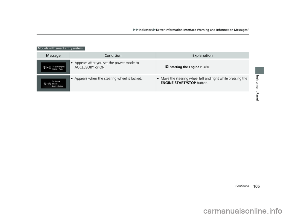 HONDA CR-V 2019 (in English) Owners Guide 105
uuIndicators uDriver Information Interface Wa rning and Information Messages*
Continued
Instrument Panel
MessageConditionExplanation
●Appears after you set the power mode to
ACCESSORY or ON.
2S HONDA CR-V 2019 (in English) Owners Guide 105
uuIndicators uDriver Information Interface Wa rning and Information Messages*
Continued
Instrument Panel
MessageConditionExplanation
●Appears after you set the power mode to
ACCESSORY or ON.
2S