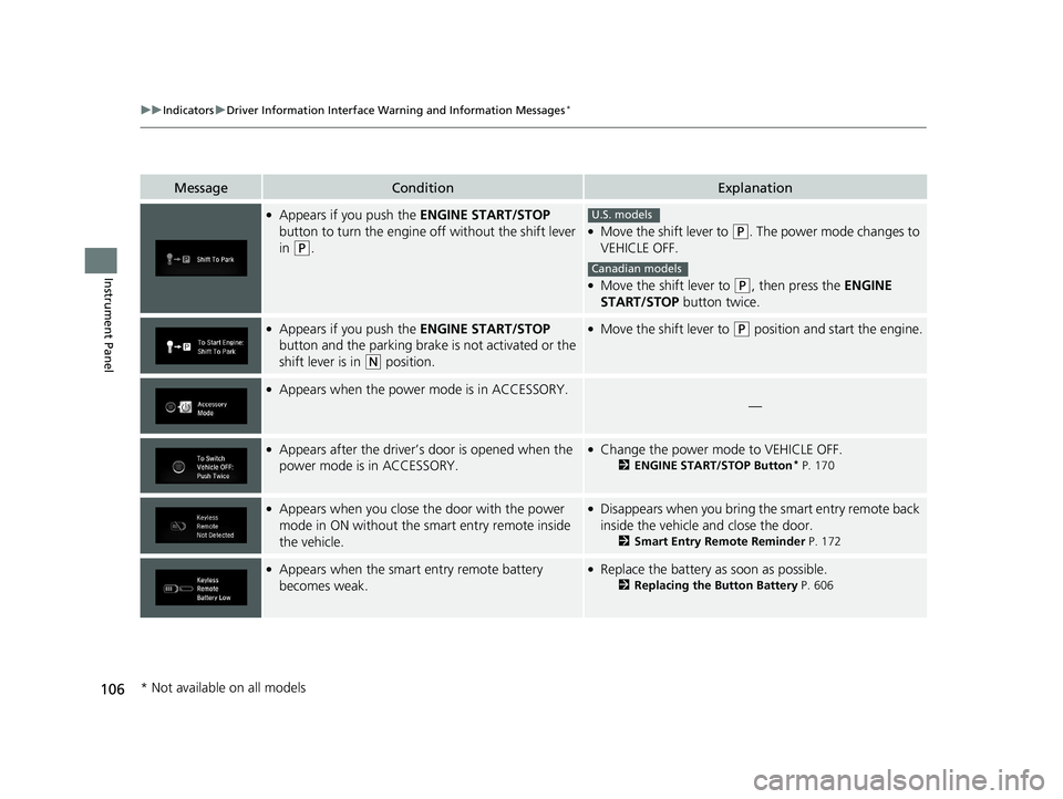 HONDA CR-V 2019 (in English) Owners Guide 106
uuIndicators uDriver Information Interface Wa rning and Information Messages*
Instrument Panel
MessageConditionExplanation
●Appears if you push the ENGINE START/STOP
button to turn the engine HONDA CR-V 2019 (in English) Owners Guide 106
uuIndicators uDriver Information Interface Wa rning and Information Messages*
Instrument Panel
MessageConditionExplanation
●Appears if you push the ENGINE START/STOP
button to turn the engine