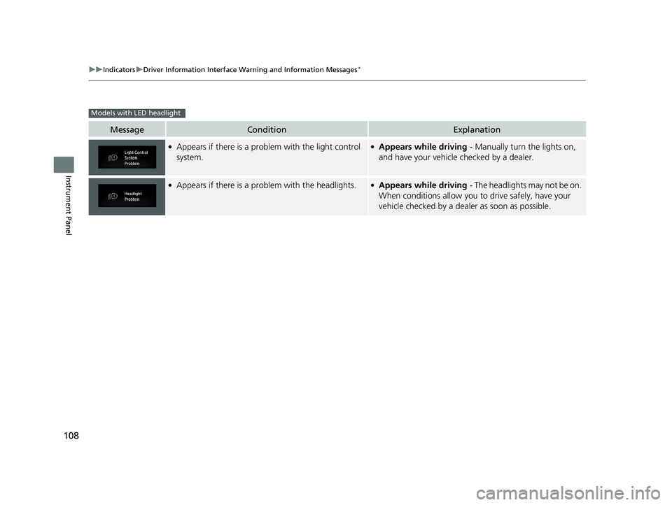 HONDA CR-V 2019 Owners Manual (in English) 108
uuIndicators uDriver Information Interface Wa rning and Information Messages*
Instrument Panel
MessageConditionExplanation
●Appears if there is a problem with the light control
system.●Appear HONDA CR-V 2019 Owners Manual (in English) 108
uuIndicators uDriver Information Interface Wa rning and Information Messages*
Instrument Panel
MessageConditionExplanation
●Appears if there is a problem with the light control
system.●Appear