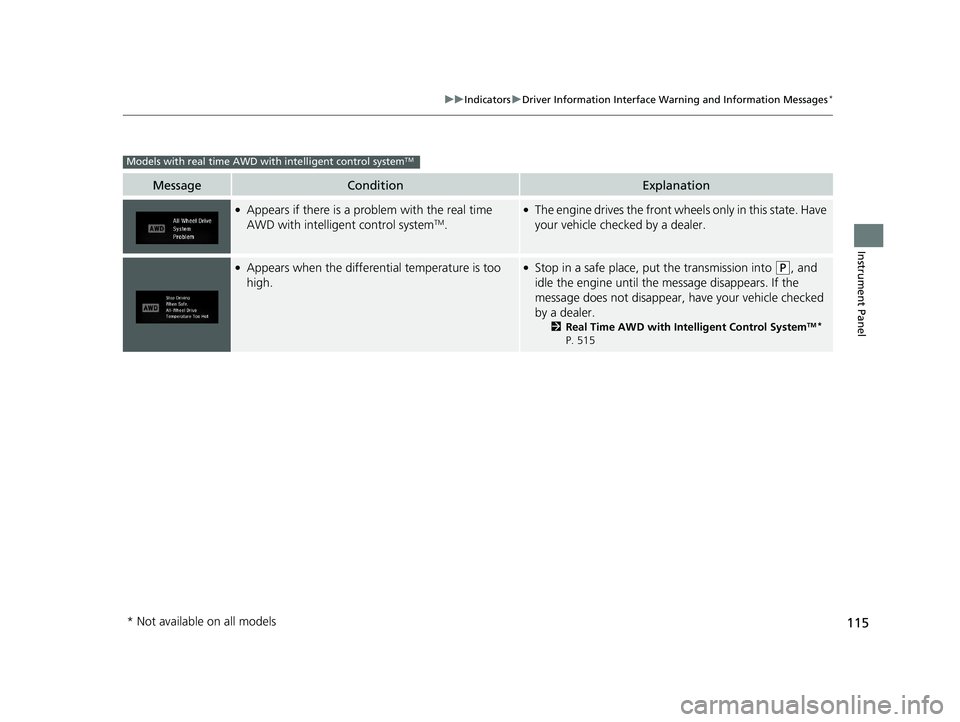 HONDA CR-V 2019 Owners Manual (in English) 115
uuIndicators uDriver Information Interface Wa rning and Information Messages*
Instrument Panel
MessageConditionExplanation
●Appears if there is a problem with the real time
AWD with intelligent HONDA CR-V 2019 Owners Manual (in English) 115
uuIndicators uDriver Information Interface Wa rning and Information Messages*
Instrument Panel
MessageConditionExplanation
●Appears if there is a problem with the real time
AWD with intelligent