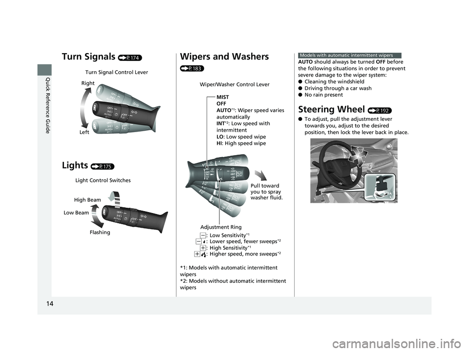 HONDA CR-V 2019 Owners Manual (in English) 14
Quick Reference Guide
Turn Signals (P174)
Lights (P175)
Turn Signal Control Lever
Right
Left
Light Control Switches
Low Beam High Beam
Flashing
Wipers and Washers
(P183)
*1: Models with automatic HONDA CR-V 2019 Owners Manual (in English) 14
Quick Reference Guide
Turn Signals (P174)
Lights (P175)
Turn Signal Control Lever
Right
Left
Light Control Switches
Low Beam High Beam
Flashing
Wipers and Washers
(P183)
*1: Models with automatic