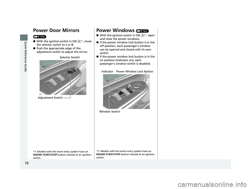 HONDA CR-V 2019  Owners Manual (in English) 16
Quick Reference Guide
Power Door Mirrors 
(P194)
●With the ignition switch in ON 
(w*1, move 
the selector switch to  L or R .
● Push the appropriate edge of the 
adjustment switch to adjust th