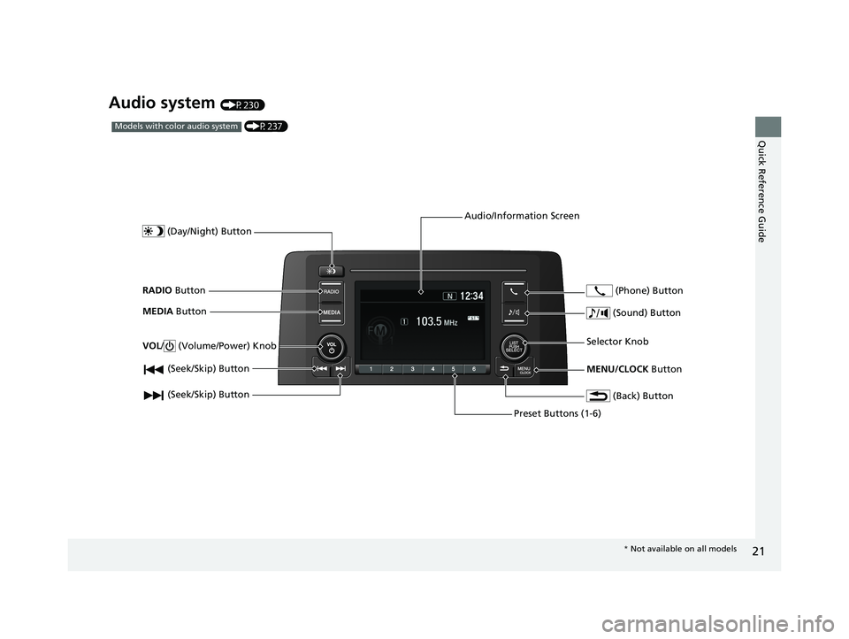 HONDA CR-V 2019 (in English) Owners Guide 21
Quick Reference Guide
Audio system (P230)
(P237)Models with color audio system
(Seek/Skip) Button
RADIO Button
(Day/Night) Button
MEDIA Button
Preset Buttons (1-6)
(Seek/Skip) Button
VOL
/ (V HONDA CR-V 2019 (in English) Owners Guide 21
Quick Reference Guide
Audio system (P230)
(P237)Models with color audio system
(Seek/Skip) Button
RADIO Button
(Day/Night) Button
MEDIA Button
Preset Buttons (1-6)
(Seek/Skip) Button
VOL
/ (V