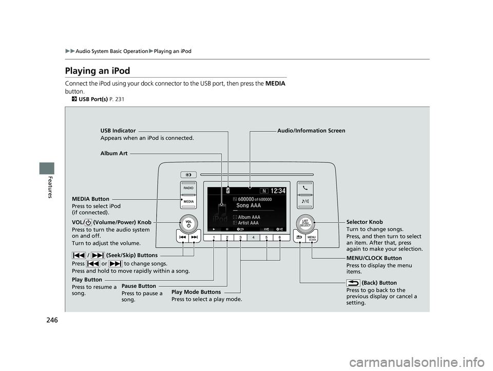 HONDA CR-V 2019 (in English) Workshop Manual 246
uuAudio System Basic Operation uPlaying an iPod
Features
Playing an iPod
Connect the iPod using your dock conn ector to the USB port, then press the MEDIA
button.
2 USB Port(s) P. 231
USB Indica HONDA CR-V 2019 (in English) Workshop Manual 246
uuAudio System Basic Operation uPlaying an iPod
Features
Playing an iPod
Connect the iPod using your dock conn ector to the USB port, then press the MEDIA
button.
2 USB Port(s) P. 231
USB Indica