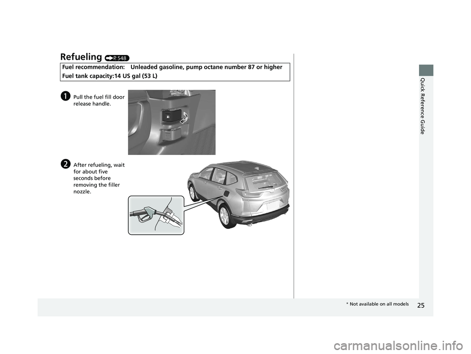 HONDA CR-V 2019 (in English) Owners Guide 25
Quick Reference Guide
Refueling (P548)
Fuel recommendation: Unleaded gasoline, pump octane number 87 or higher
Fuel tank capacity:14 US gal (53 L)
aPull the fuel fill door
release handle.
bAfter r HONDA CR-V 2019 (in English) Owners Guide 25
Quick Reference Guide
Refueling (P548)
Fuel recommendation: Unleaded gasoline, pump octane number 87 or higher
Fuel tank capacity:14 US gal (53 L)
aPull the fuel fill door
release handle.
bAfter r