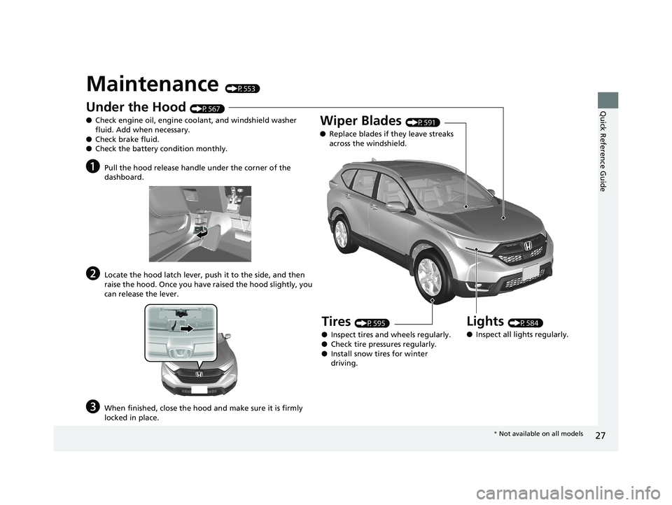 HONDA CR-V 2019 Owners Manual (in English) 27
Quick Reference Guide
Maintenance (P553)
Under the Hood (P567)
● Check engine oil, engine coolant, and windshield washer
fluid. Add when necessary.
● Check brake fluid.
● Check the battery c HONDA CR-V 2019 Owners Manual (in English) 27
Quick Reference Guide
Maintenance (P553)
Under the Hood (P567)
● Check engine oil, engine coolant, and windshield washer
fluid. Add when necessary.
● Check brake fluid.
● Check the battery c