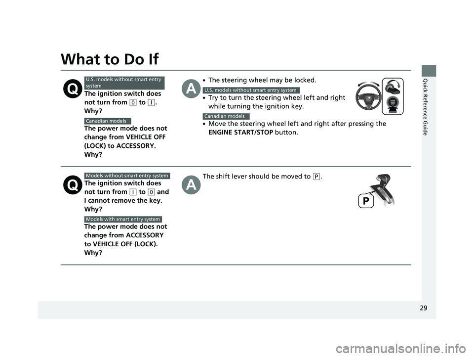 HONDA CR-V 2019 (in English) Owners Guide 29
Quick Reference Guide
What to Do If
The ignition switch does
not turn from
(0 to (q.
Why?
The power mode does not
change from VEHICLE OFF
(LOCK) to ACCESSORY.
Why?
●The steering wheel may b HONDA CR-V 2019 (in English) Owners Guide 29
Quick Reference Guide
What to Do If
The ignition switch does
not turn from
(0 to (q.
Why?
The power mode does not
change from VEHICLE OFF
(LOCK) to ACCESSORY.
Why?
●The steering wheel may b
