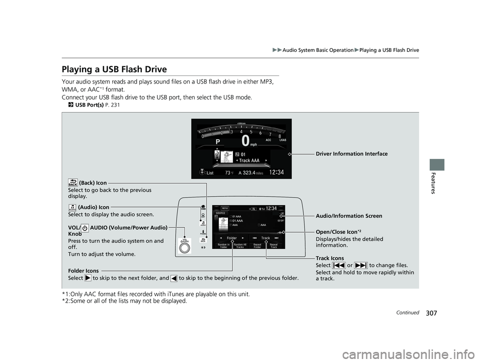 HONDA CR-V 2019   (in English) Manual Online 307
uuAudio System Basic Operation uPlaying a USB Flash Drive
Continued
Features
Playing a USB Flash Drive
Your audio system reads and  plays sound files on a USB flash drive in either MP3, 
WMA, or A