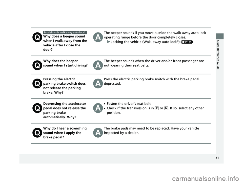 HONDA CR-V 2019  Owners Manual (in English) 31
Quick Reference GuideWhy does a beeper sound 
when I walk away from the 
vehicle after I close the 
door?
The beeper sounds if you move outside the walk away auto lock 
operating range before the d