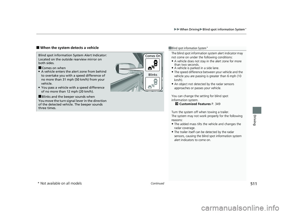 HONDA CR-V 2019 (in English) Service Manual Continued511
uuWhen Driving uBlind spot information System*
Driving
■When the system detects a vehicle1Blind spot information System*
The blind spot information system alert indicator may
not come HONDA CR-V 2019 (in English) Service Manual Continued511
uuWhen Driving uBlind spot information System*
Driving
■When the system detects a vehicle1Blind spot information System*
The blind spot information system alert indicator may
not come