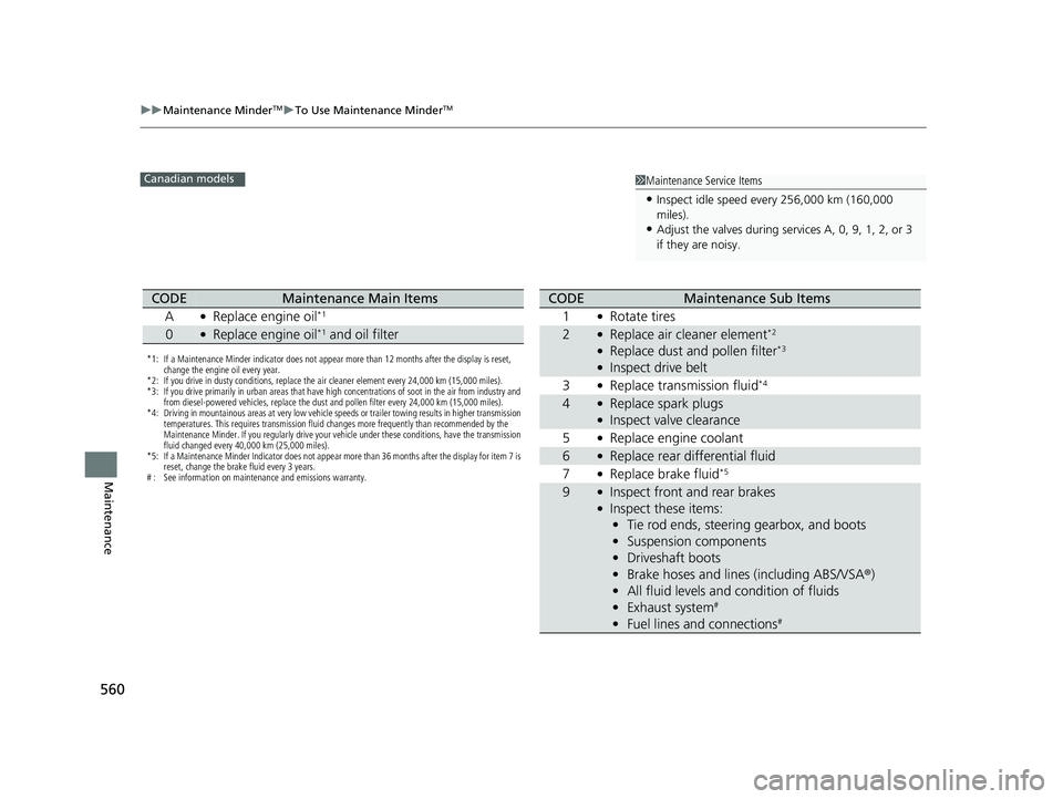 HONDA CR-V 2019  Owners Manual (in English) 560
uuMaintenance MinderTMuTo Use Maintenance MinderTM
Maintenance
1Maintenance Service Items
•Inspect idle speed every 256,000 km (160,000 
miles).
•Adjust the valves during services A, 0, 9, 1, 