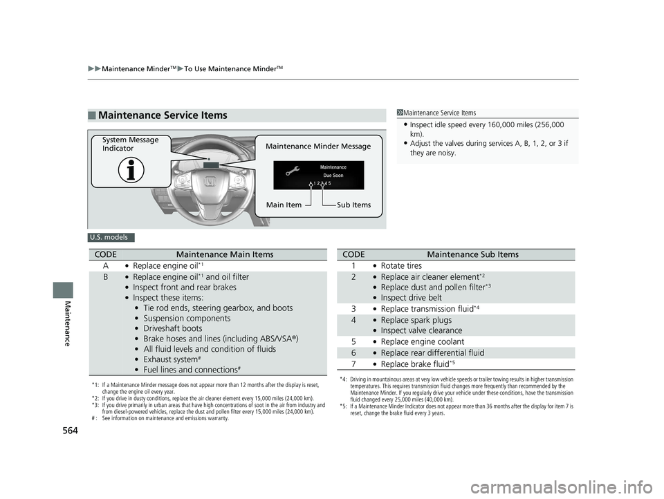 HONDA CR-V 2019 Owners Manual (in English) 564
uuMaintenance MinderTMuTo Use Maintenance MinderTM
Maintenance
■Maintenance Service Items1Maintenance Service Items
•Inspect idle speed every 160,000 miles (256,000
km).
•Adjust the valves HONDA CR-V 2019 Owners Manual (in English) 564
uuMaintenance MinderTMuTo Use Maintenance MinderTM
Maintenance
■Maintenance Service Items1Maintenance Service Items
•Inspect idle speed every 160,000 miles (256,000
km).
•Adjust the valves