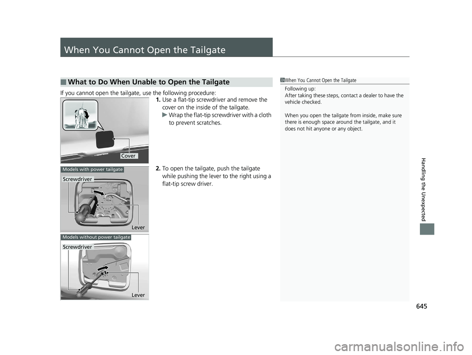 HONDA CR-V 2019 Owners Manual (in English) 645
Handling the Unexpected
When You Cannot Open the Tailgate
If you cannot open the tailgate, use the following procedure:1.Use a flat-tip screwdriver and remove the
cover on the inside of the tail HONDA CR-V 2019 Owners Manual (in English) 645
Handling the Unexpected
When You Cannot Open the Tailgate
If you cannot open the tailgate, use the following procedure:1.Use a flat-tip screwdriver and remove the
cover on the inside of the tail