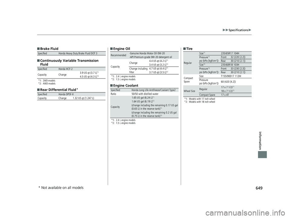 HONDA CR-V 2019  Owners Manual (in English) 649
uuSpecifications u
Information
■Brake Fluid
■ Continuously Variable Transmission 
Fluid
*1: 2WD models
*2: AWD models
■Rear Differential Fluid*
SpecifiedHonda Heavy Duty Brake Fluid DOT 3
Sp