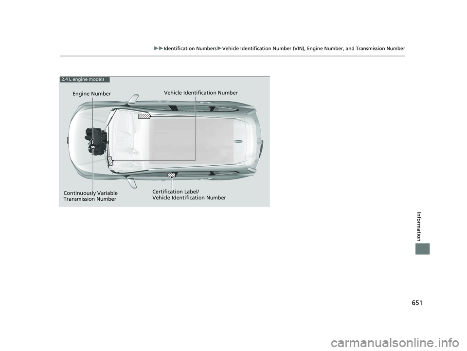 HONDA CR-V 2019 Owners Manual (in English) 651
uuIdentification Numbers uVehicle Identification Number (VIN), Engine Number, and Transmission Number
Information
2.4 L engine models
Vehicle Identification Number
Engine Number
Certification Labe HONDA CR-V 2019 Owners Manual (in English) 651
uuIdentification Numbers uVehicle Identification Number (VIN), Engine Number, and Transmission Number
Information
2.4 L engine models
Vehicle Identification Number
Engine Number
Certification Labe