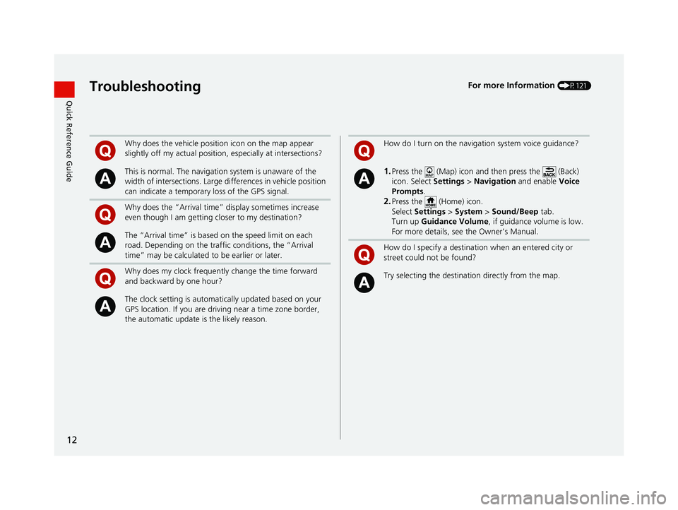 HONDA CR-V 2019 Navigation Manual (in English) 12
Quick Reference GuideTroubleshootingFor more Information (P121)
Why does the vehicle position icon on the map appear
slightly off my actual position, especially at intersections?
This is normal. T HONDA CR-V 2019 Navigation Manual (in English) 12
Quick Reference GuideTroubleshootingFor more Information (P121)
Why does the vehicle position icon on the map appear
slightly off my actual position, especially at intersections?
This is normal. T