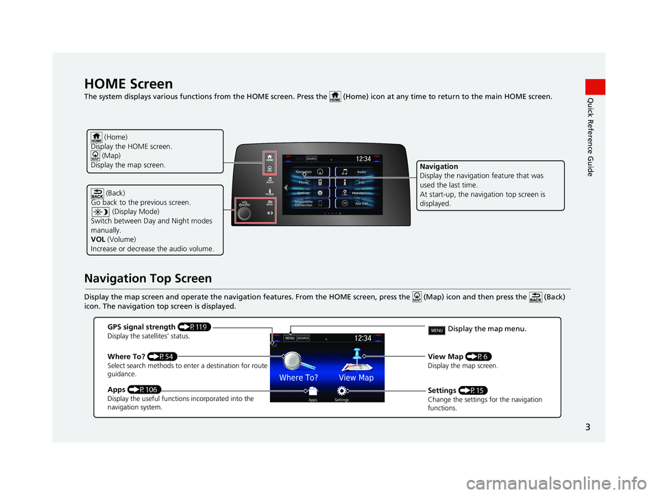 HONDA CR-V 2019  Navigation Manual (in English) 3
Quick Reference GuideHOME Screen   
The system displays various functions from the HOME screen. Press the   (Home) icon at  any time to return to the main HOME screen.
Navigation Top Screen
Display 