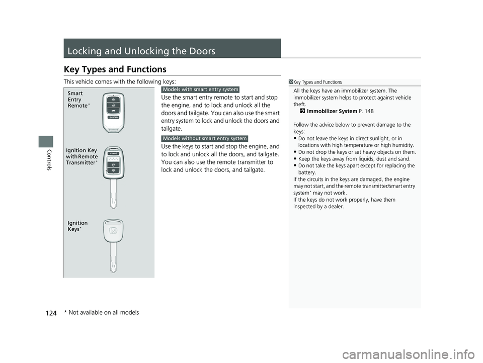 HONDA FIT 2019 Owners Manual (in English) 124
Controls
Locking and Unlocking the Doors
Key Types and Functions
This vehicle comes with the following keys:Use the smart entry remote to start and stop
the engine, and to lock and unlock all the HONDA FIT 2019 Owners Manual (in English) 124
Controls
Locking and Unlocking the Doors
Key Types and Functions
This vehicle comes with the following keys:Use the smart entry remote to start and stop
the engine, and to lock and unlock all the