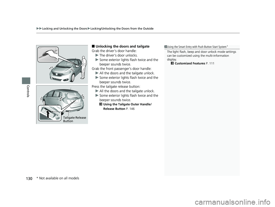HONDA FIT 2019 Owners Manual (in English) uuLocking and Unlocking the Doors uLocking/Unlocking the Doors from the Outside
130
Controls
■Unlocking the doors and tailgate
Grab the driver’s door handle: u The driver’s door unlocks.
u Some HONDA FIT 2019 Owners Manual (in English) uuLocking and Unlocking the Doors uLocking/Unlocking the Doors from the Outside
130
Controls
■Unlocking the doors and tailgate
Grab the driver’s door handle: u The driver’s door unlocks.
u Some