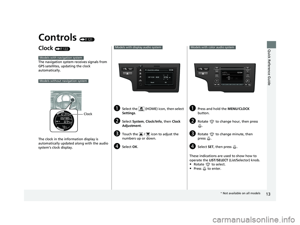 HONDA FIT 2019   (in English) User Guide 13
Quick Reference Guide
Controls (P121)
Clock (P122)
The navigation system receives signals from 
GPS satellites, updating the clock 
automatically.
The clock in the information display is 
automatic