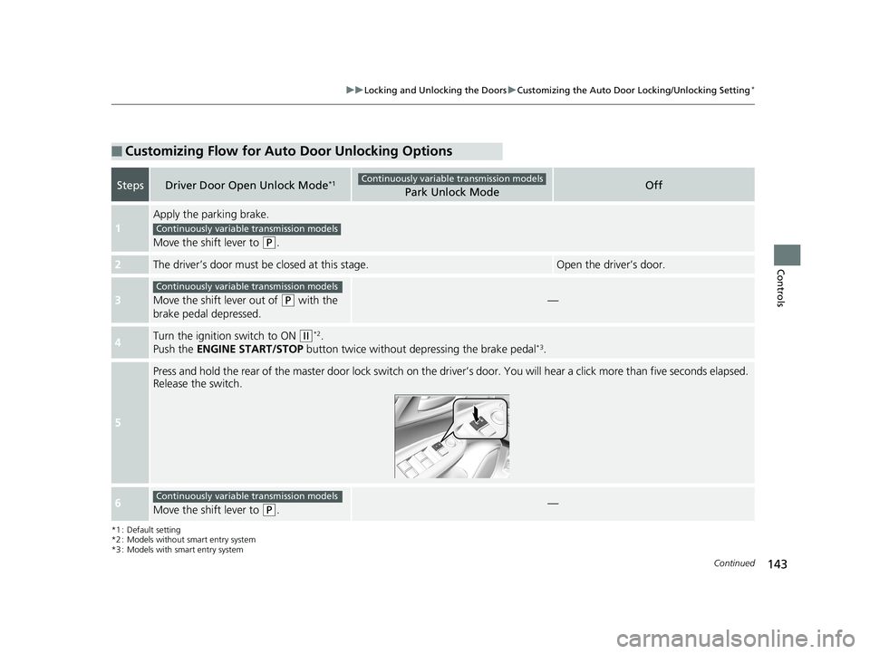 HONDA FIT 2019 Owners Manual (in English) 143
uuLocking and Unlocking the Doors uCustomizing the Auto Door Locking/Unlocking Setting*
Continued
Controls
*1 : Default setting
*2 : Models without smart entry system
*3 : Models with smart entry HONDA FIT 2019 Owners Manual (in English) 143
uuLocking and Unlocking the Doors uCustomizing the Auto Door Locking/Unlocking Setting*
Continued
Controls
*1 : Default setting
*2 : Models without smart entry system
*3 : Models with smart entry