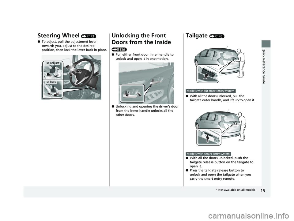 HONDA FIT 2019  Owners Manual (in English) 15
Quick Reference Guide
Steering Wheel (P173)
● To adjust, pull the adjustment lever 
towards you, adjust to the desired 
position, then lock the lever back in place.
To adjust
To lock
Unlocking th