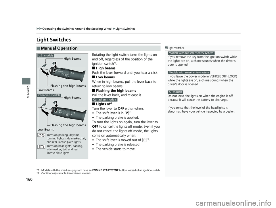 HONDA FIT 2019 Owners Manual (in English) 160
uuOperating the Switches Around the Steering Wheel uLight Switches
Controls
Light Switches
Rotating the light switch turns the lights on
and off, regardless of the position of the
ignition switc HONDA FIT 2019 Owners Manual (in English) 160
uuOperating the Switches Around the Steering Wheel uLight Switches
Controls
Light Switches
Rotating the light switch turns the lights on
and off, regardless of the position of the
ignition switc