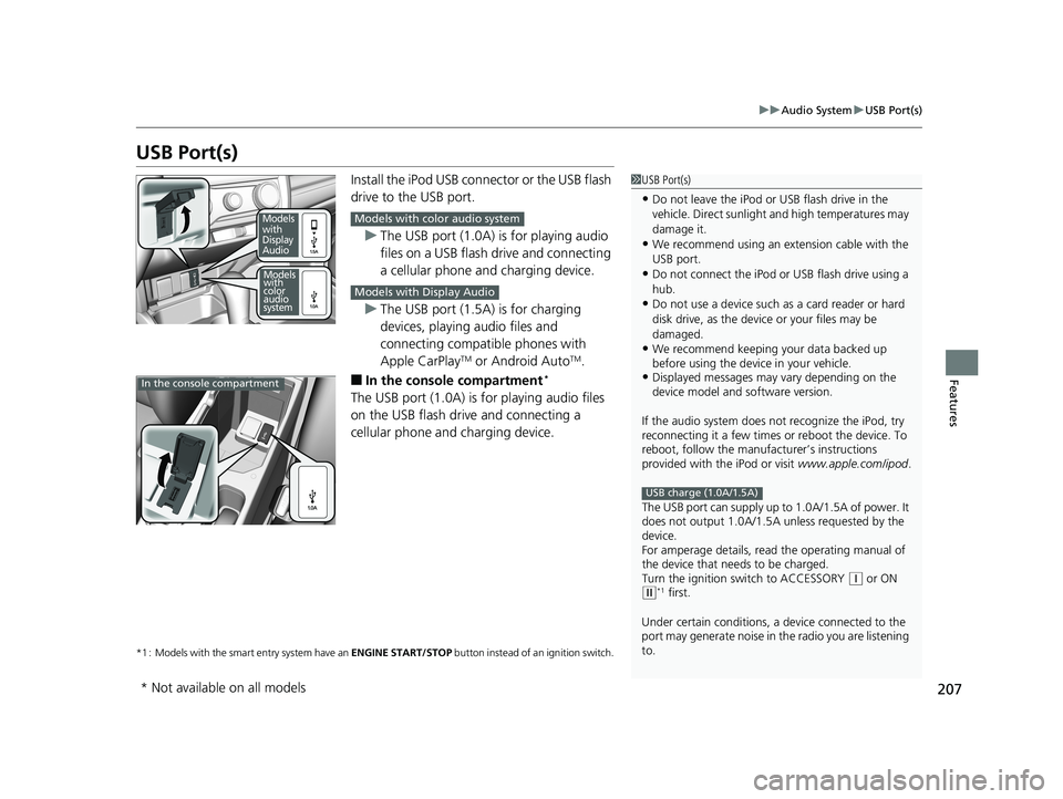 HONDA FIT 2019  Owners Manual (in English) 207
uuAudio System uUSB Port(s)
Features
USB Port(s)
Install the iPod USB connector or the USB flash 
drive to the USB port.
u The USB port (1.0A) is for playing audio 
files on a USB flash drive and 