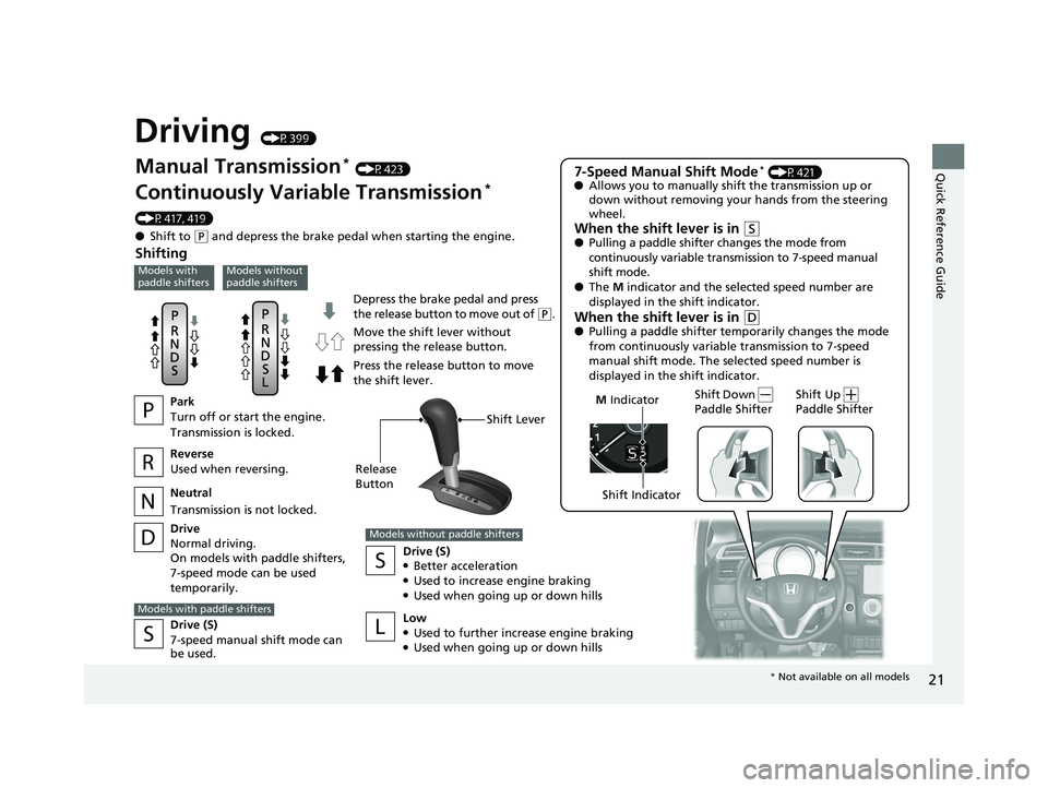 HONDA FIT 2019   (in English) Owners Guide 21
Quick Reference Guide
Driving (P399)
Depress the brake pedal and press 
the release button to move out of (P.
Manual Transmission* (P423)
Continuously Variable Transmission* 
(P417, 419)
● Shift 