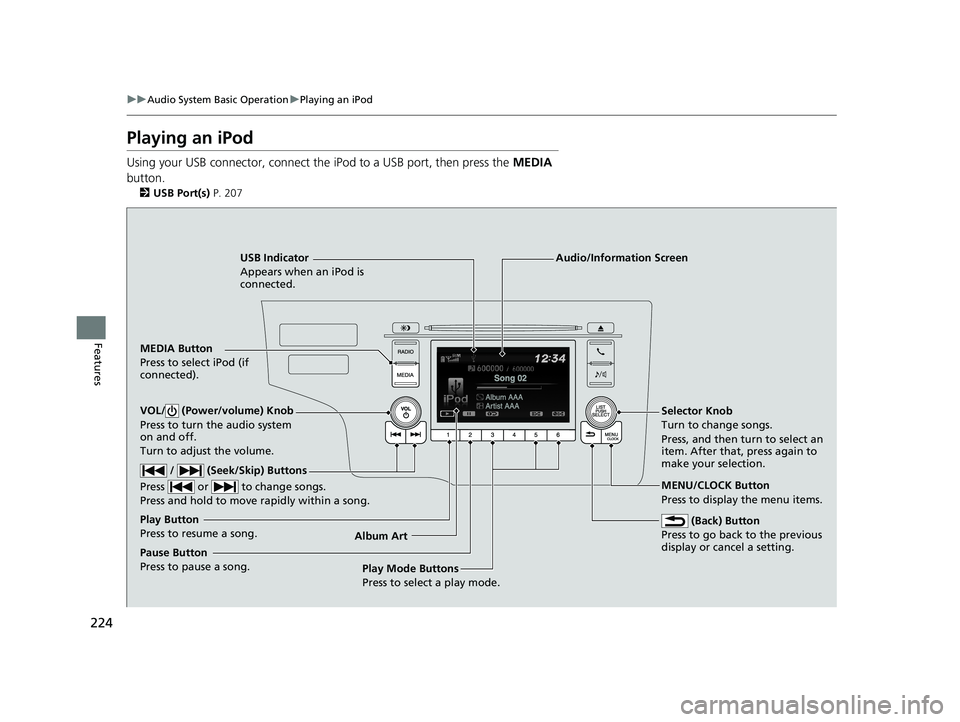 HONDA FIT 2019 Owners Manual (in English) 224
uuAudio System Basic Operation uPlaying an iPod
Features
Playing an iPod
Using your USB connector, connect the iPod to a USB port, then press the MEDIA
button.
2 USB Port(s) P. 207
USB Indicato HONDA FIT 2019 Owners Manual (in English) 224
uuAudio System Basic Operation uPlaying an iPod
Features
Playing an iPod
Using your USB connector, connect the iPod to a USB port, then press the MEDIA
button.
2 USB Port(s) P. 207
USB Indicato