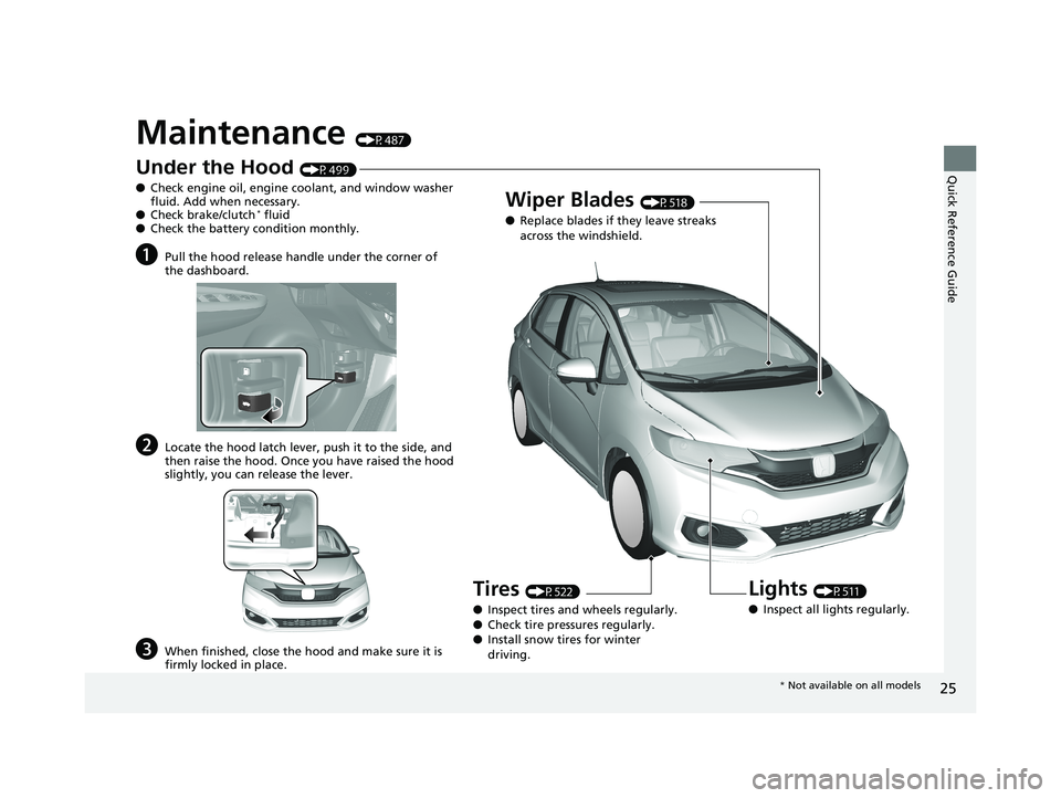 HONDA FIT 2019  Owners Manual (in English) 25
Quick Reference Guide
Maintenance (P487)
Under the Hood (P499)
● Check engine oil, engine coolant, and window washer 
fluid. Add when necessary.
● Check brake/clutch
* fluid
● Check the batte