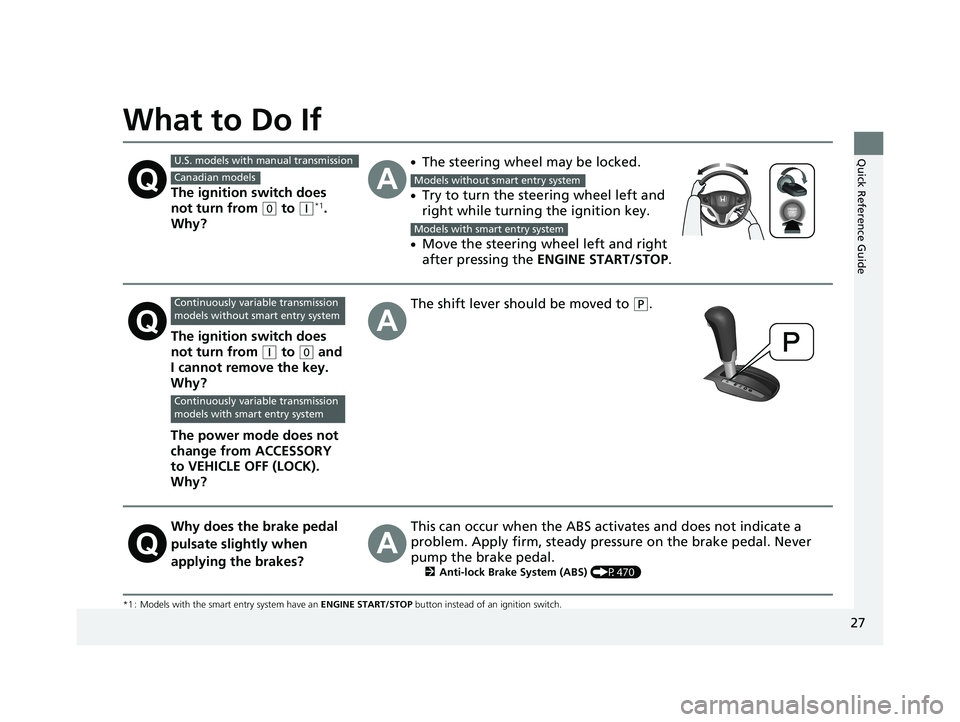 HONDA FIT 2019   (in English) User Guide 27
Quick Reference Guide
What to Do If
*1 : Models with the smart entry system have an ENGINE START/STOP button instead of an ignition switch.
The ignition switch does 
not turn from 
(0 to (q*1. 
Why