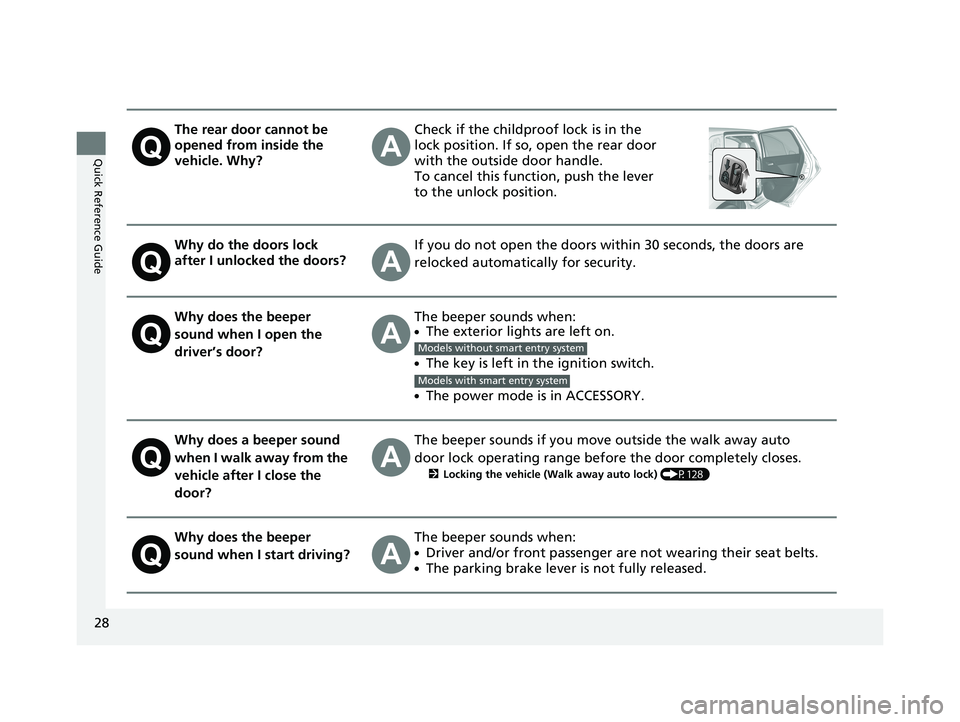 HONDA FIT 2019 (in English) Owners Guide 28
Quick Reference Guide
The rear door cannot be
opened from inside the
vehicle. Why?Check if the childproof lock is in the
lock position. If so, open the rear door
with the outside door handle.
T HONDA FIT 2019 (in English) Owners Guide 28
Quick Reference Guide
The rear door cannot be
opened from inside the
vehicle. Why?Check if the childproof lock is in the
lock position. If so, open the rear door
with the outside door handle.
T