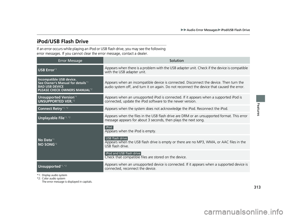 HONDA FIT 2019 Owners Manual (in English) 313
uuAudio Error Messages uiPod/USB Flash Drive
Features
iPod/USB Flash Drive
If an error occurs while playing an iPod or USB flash drive, you may see the following
error messages. If you cannot cl HONDA FIT 2019 Owners Manual (in English) 313
uuAudio Error Messages uiPod/USB Flash Drive
Features
iPod/USB Flash Drive
If an error occurs while playing an iPod or USB flash drive, you may see the following
error messages. If you cannot cl