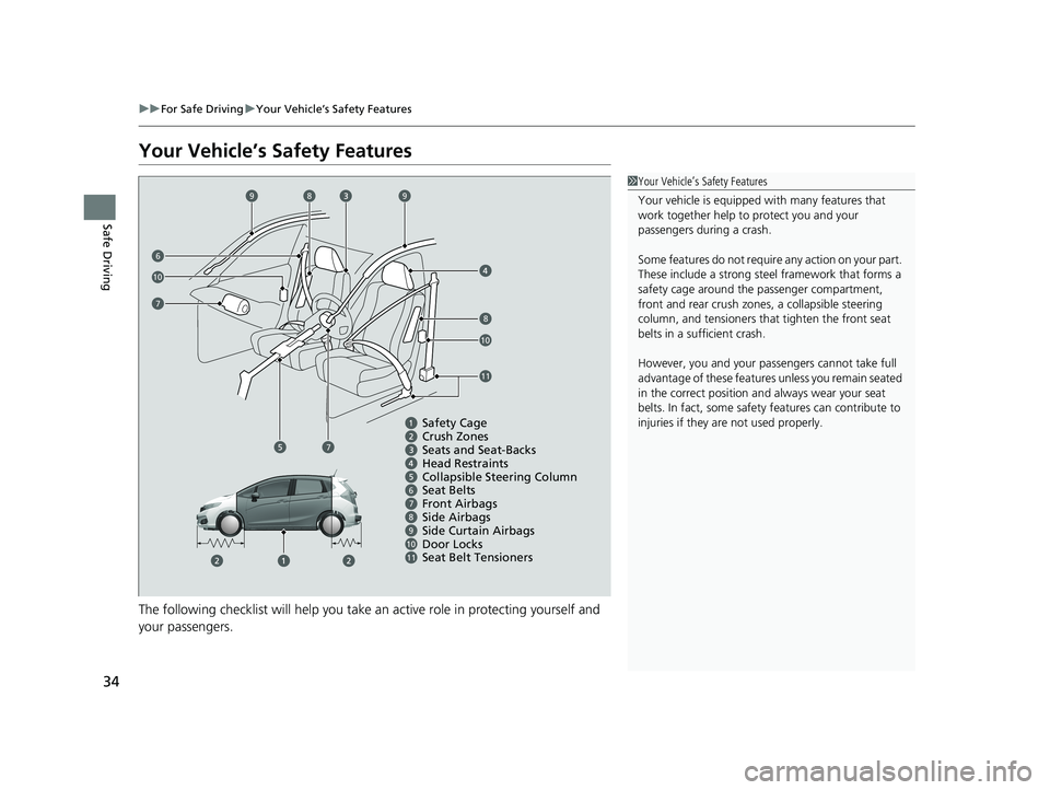 HONDA FIT 2019 (in English) Owners Guide 34
uuFor Safe Driving uYour Vehicle’s Safety Features
Safe Driving
Your Vehicle’s Safety Features
The following checklist will help you take an active role in protecting yourself and
your passen HONDA FIT 2019 (in English) Owners Guide 34
uuFor Safe Driving uYour Vehicle’s Safety Features
Safe Driving
Your Vehicle’s Safety Features
The following checklist will help you take an active role in protecting yourself and
your passen