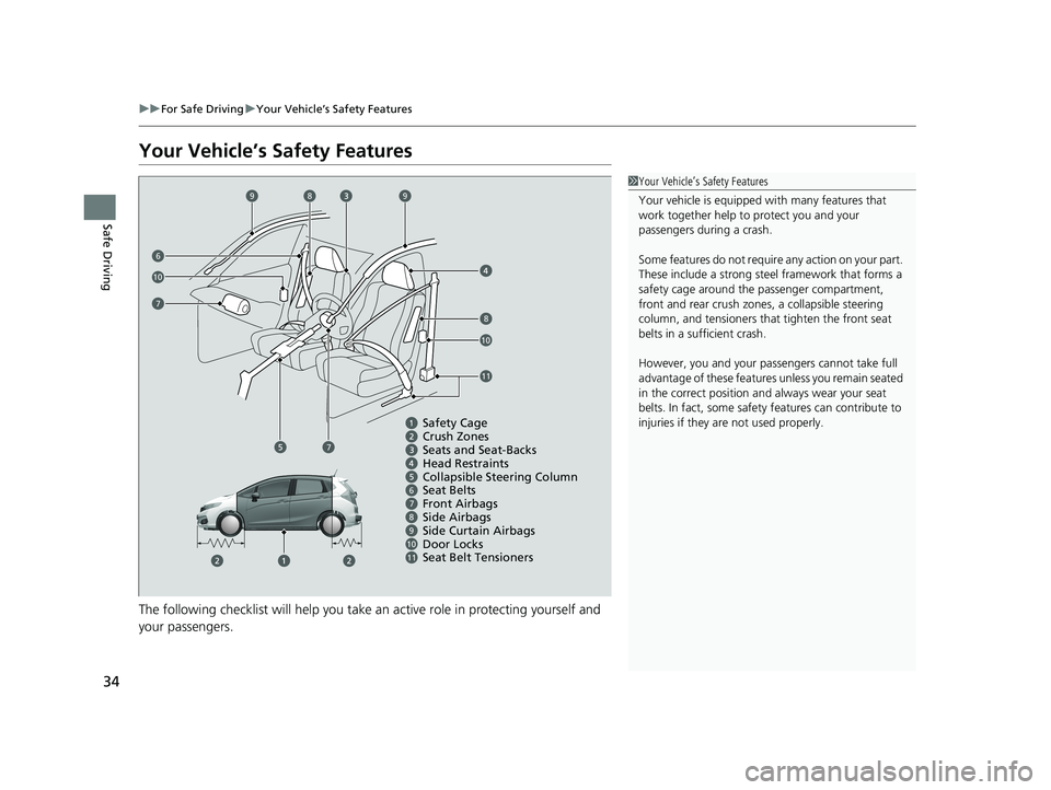 HONDA FIT 2019  Owners Manual (in English) 34
uuFor Safe Driving uYour Vehicle’s Safety Features
Safe Driving
Your Vehicle’s Safety Features
The following checklist will help you take an active role  in protecting yourself and 
your passen