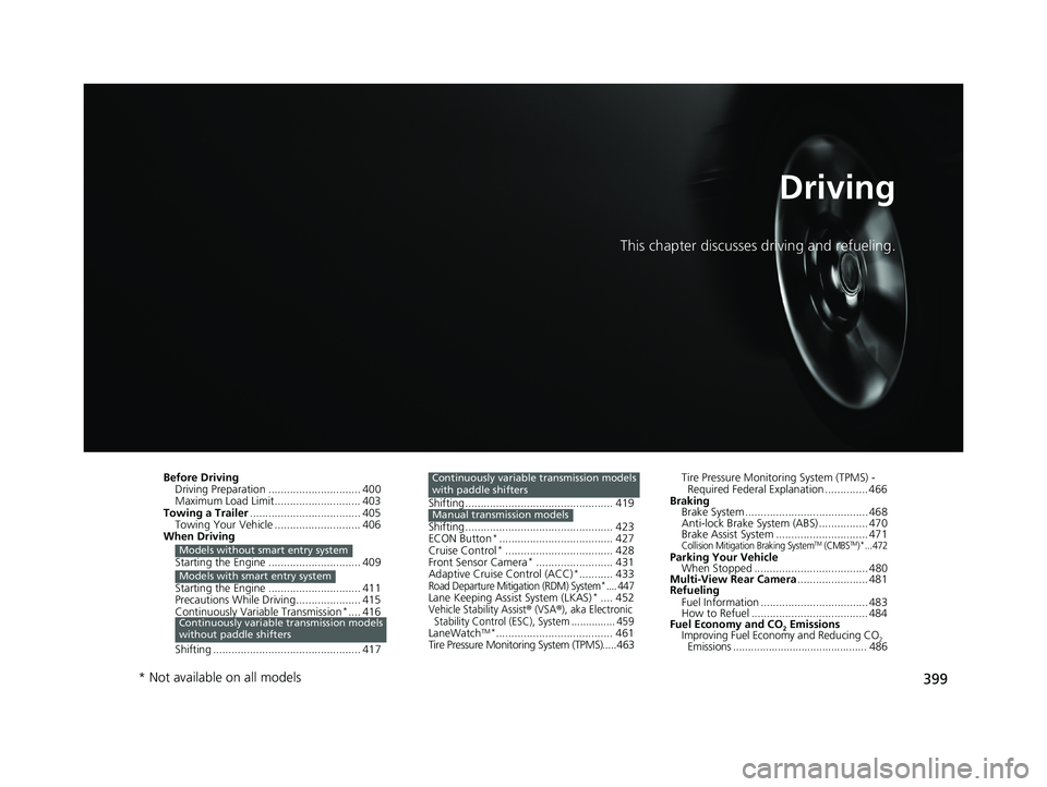 HONDA FIT 2019 Owners Manual (in English) 399
Driving
This chapter discusses driving and refueling.
Before DrivingDriving Preparation .............................. 400
Maximum Load Limit............................ 403
Towing a Trailer ..... HONDA FIT 2019 Owners Manual (in English) 399
Driving
This chapter discusses driving and refueling.
Before DrivingDriving Preparation .............................. 400
Maximum Load Limit............................ 403
Towing a Trailer .....