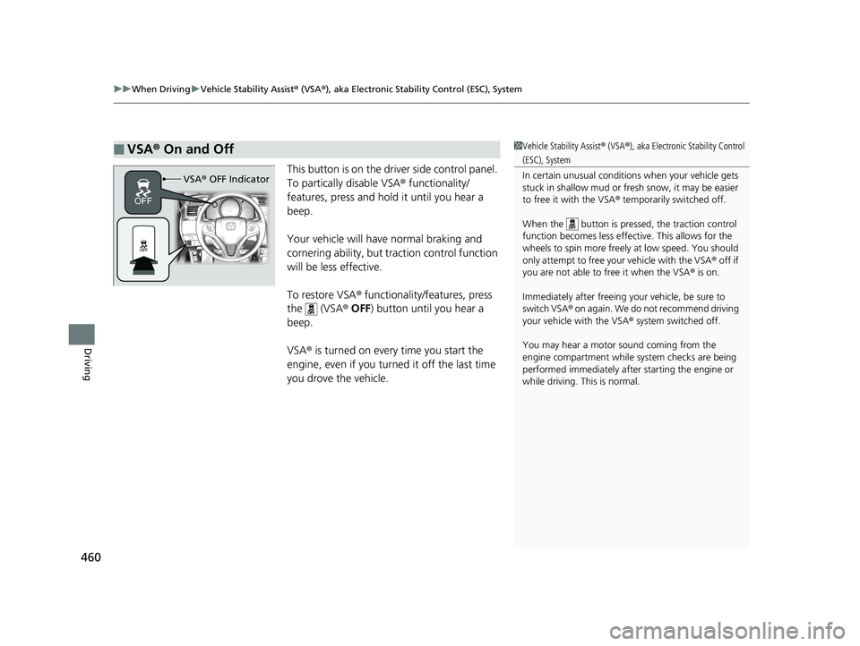 HONDA FIT 2019 Owners Manual (in English) uuWhen Driving uVehicle Stability Assist ® (VSA ®), aka Electronic Stability Control (ESC), System
460
Driving
This button is on the driver side control panel.
To partically disable VSA ® function HONDA FIT 2019 Owners Manual (in English) uuWhen Driving uVehicle Stability Assist ® (VSA ®), aka Electronic Stability Control (ESC), System
460
Driving
This button is on the driver side control panel.
To partically disable VSA ® function