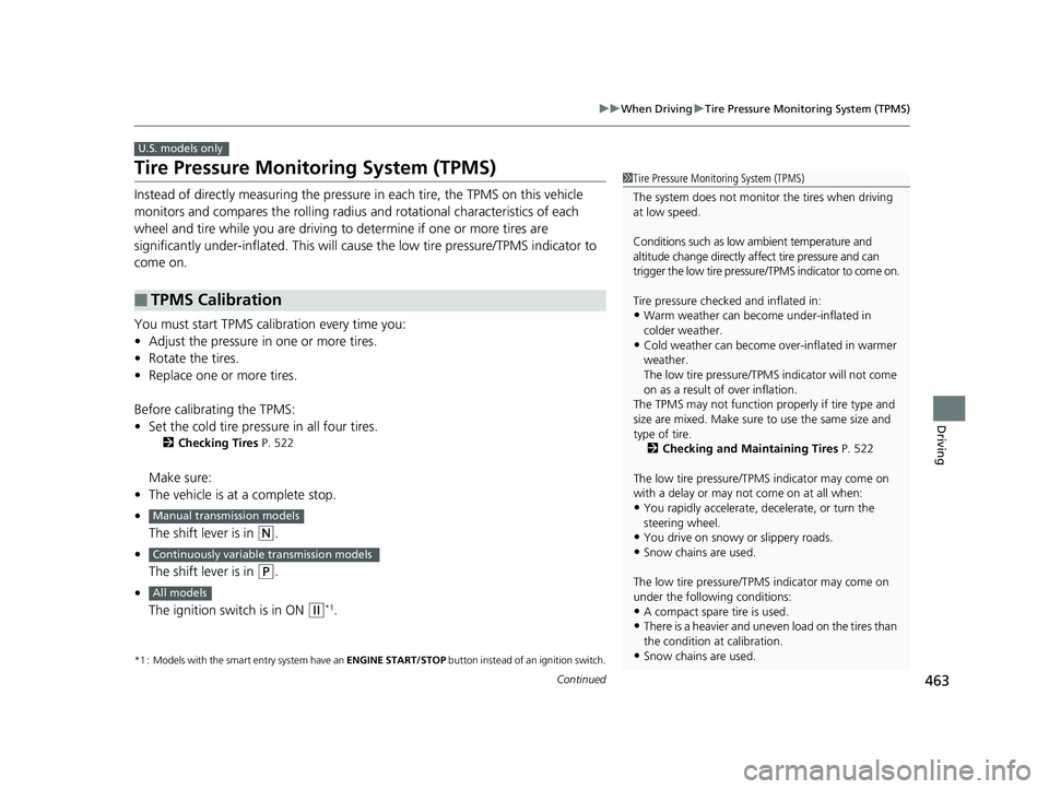 HONDA FIT 2019  Owners Manual (in English) 463
uuWhen Driving uTire Pressure Monitoring System (TPMS)
Continued
Driving
Tire Pressure Monitoring System (TPMS)
Instead of directly measuring the pressure  in each tire, the TPMS on this vehicle 
