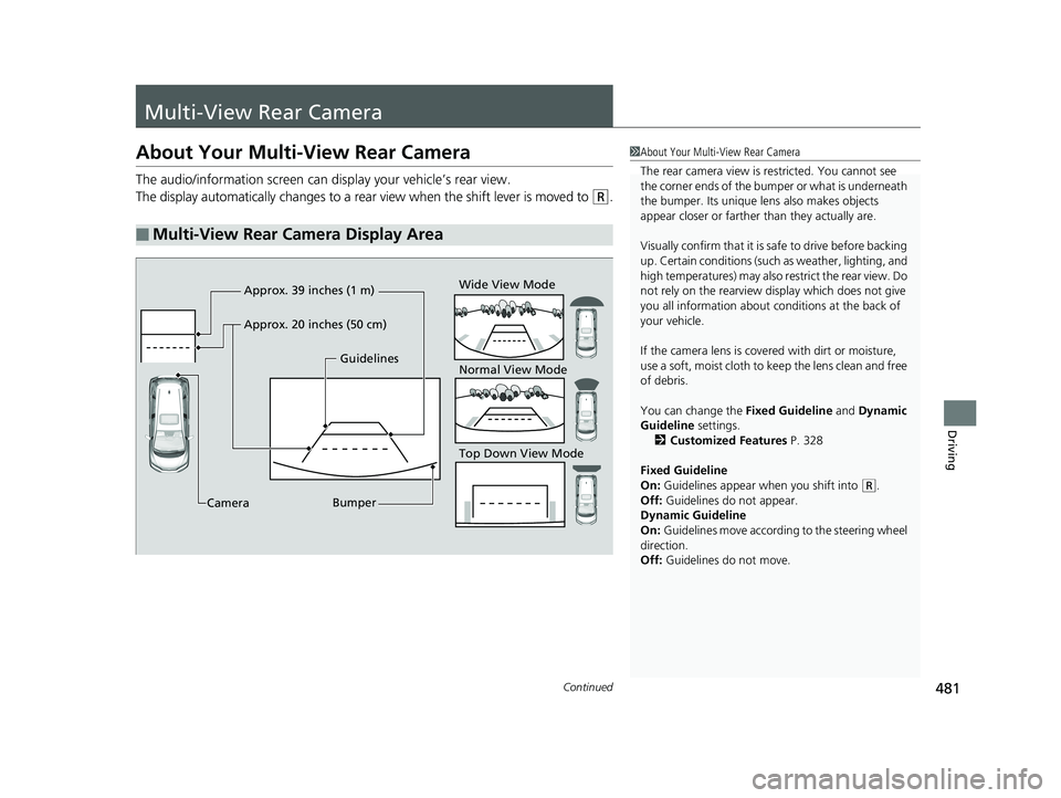 HONDA FIT 2019 Owners Manual (in English) 481Continued
Driving
Multi-View Rear Camera
About Your Multi-View Rear Camera
The audio/information screen can display your vehicle’s rear view.
The display automatically changes to a rear view whe HONDA FIT 2019 Owners Manual (in English) 481Continued
Driving
Multi-View Rear Camera
About Your Multi-View Rear Camera
The audio/information screen can display your vehicle’s rear view.
The display automatically changes to a rear view whe