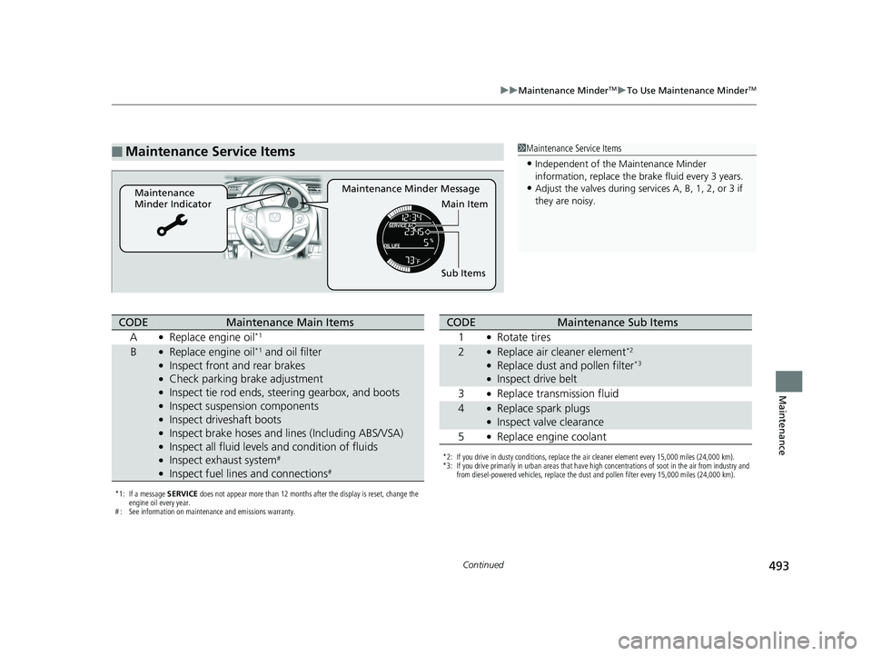 HONDA FIT 2019 Owners Manual (in English) 493
uuMaintenance MinderTMuTo Use Maintenance MinderTM
Continued
Maintenance
■Maintenance Service Items
Maintenance Minder Message
Maintenance
Minder Indicator
Sub Items Main Item
1Maintenance Serv HONDA FIT 2019 Owners Manual (in English) 493
uuMaintenance MinderTMuTo Use Maintenance MinderTM
Continued
Maintenance
■Maintenance Service Items
Maintenance Minder Message
Maintenance
Minder Indicator
Sub Items Main Item
1Maintenance Serv