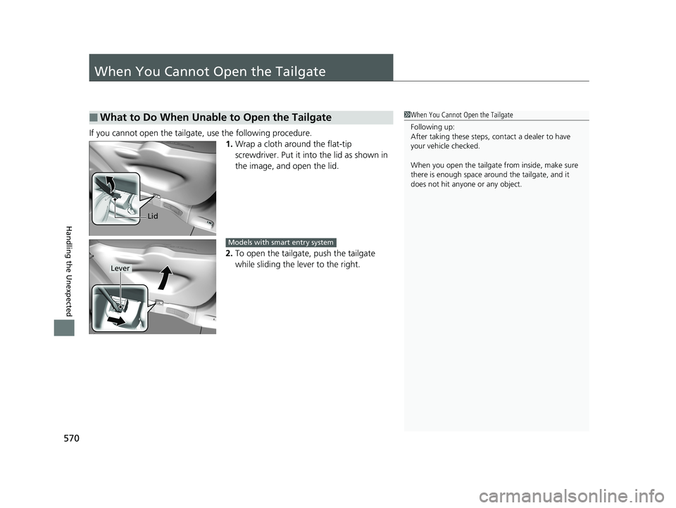 HONDA FIT 2019   (in English) Owners Guide 570
Handling the Unexpected
When You Cannot Open the Tailgate
If you cannot open the tailgate, use the following procedure.1.Wrap a cloth around the flat-tip 
screwdriver. Put it into  the lid as show