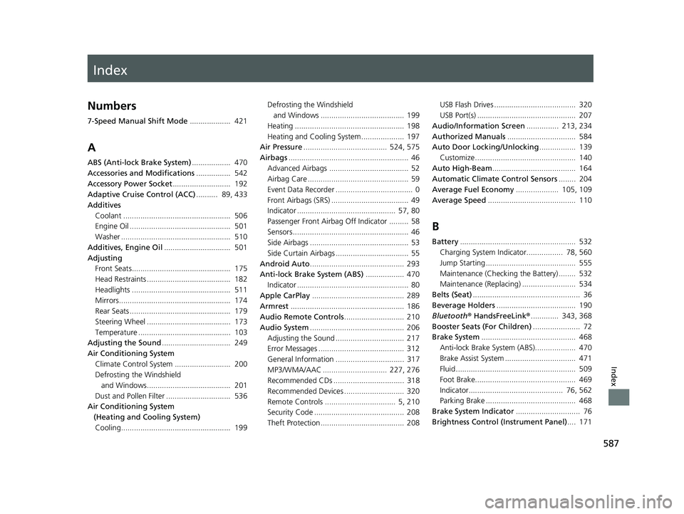 HONDA FIT 2019   (in English) Owners Guide Index
587
Index
Index
Numbers
7-Speed Manual Shift Mode...................  421
A
ABS (Anti-lock Brake System) ..................  470
Accessories and Modifications ................  542
Accessory Pow