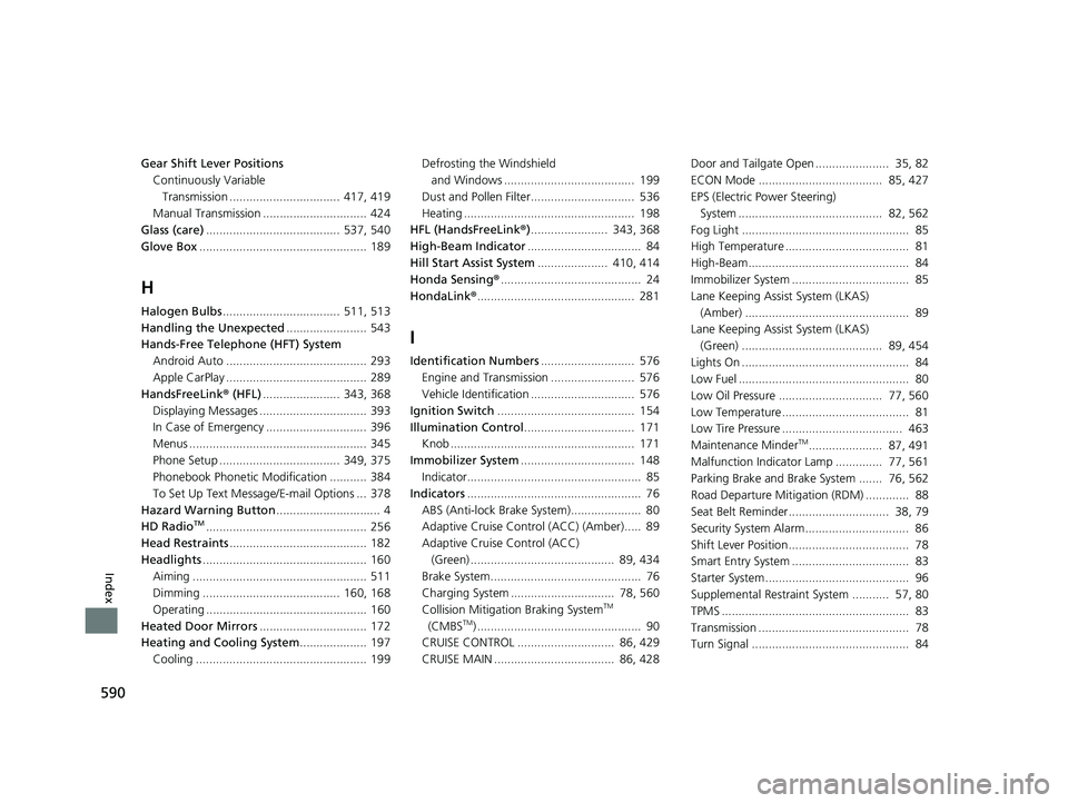 HONDA FIT 2019  Owners Manual (in English) 590
Index
Gear Shift Lever PositionsContinuously Variable
 Transmission .................................  417, 419
Manual Transmission ............................... 424
Glass (care) ...............