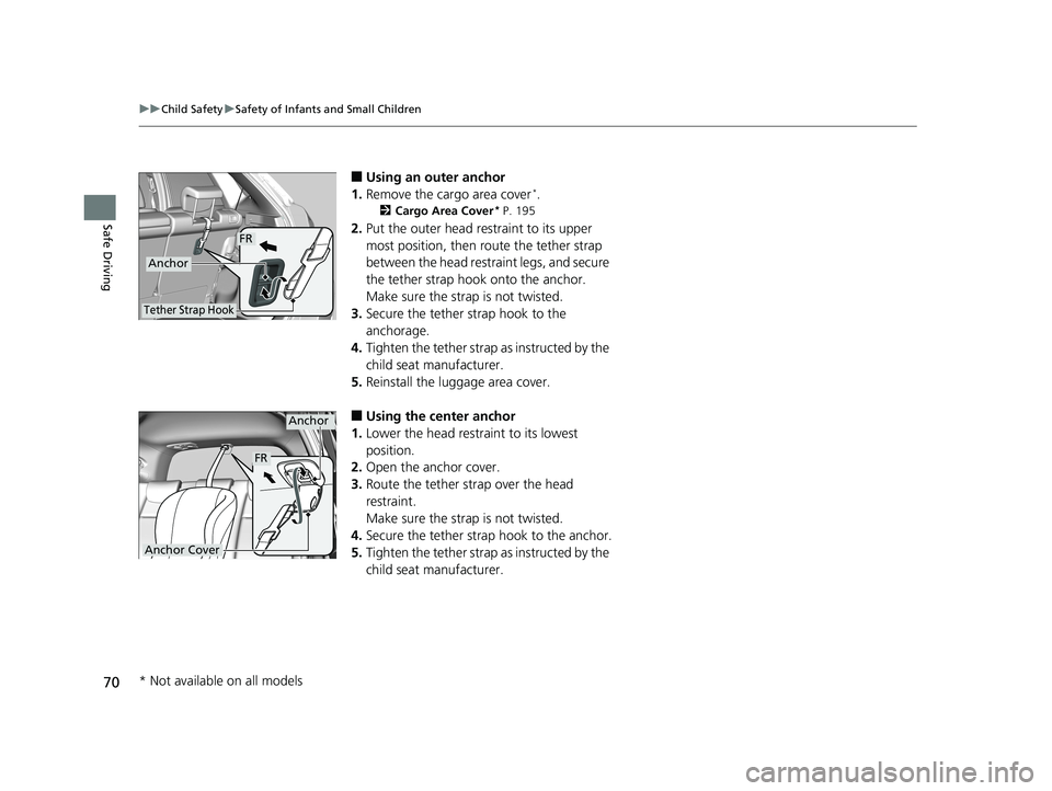 HONDA FIT 2019 (in English) Manual PDF 70
uuChild Safety uSafety of Infants and Small Children
Safe Driving
■Using an outer anchor
1. Remove the cargo area cover*.
2 Cargo Area Cover* P. 195
2.Put the outer head restraint to its upper
m HONDA FIT 2019 (in English) Manual PDF 70
uuChild Safety uSafety of Infants and Small Children
Safe Driving
■Using an outer anchor
1. Remove the cargo area cover*.
2 Cargo Area Cover* P. 195
2.Put the outer head restraint to its upper
m