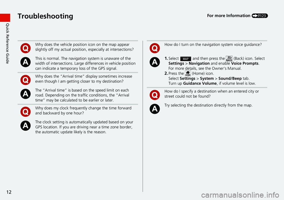 HONDA FIT 2019  Navigation Manual (in English) 12
Quick Reference GuideTroubleshootingFor more Information (P123)
Why does the vehicle position icon on the map appear 
slightly off my actual position, especially at intersections?
This is normal. T