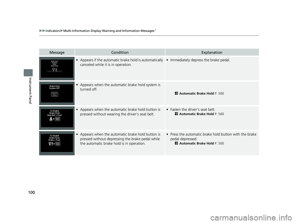 HONDA HR-V 2019 Owners Manual (in English) 100
uuIndicators uMulti-Information Display Warn ing and Information Messages*
Instrument Panel
MessageConditionExplanation
•Appears if the automatic br ake hold is automatically
canceled while it HONDA HR-V 2019 Owners Manual (in English) 100
uuIndicators uMulti-Information Display Warn ing and Information Messages*
Instrument Panel
MessageConditionExplanation
•Appears if the automatic br ake hold is automatically
canceled while it