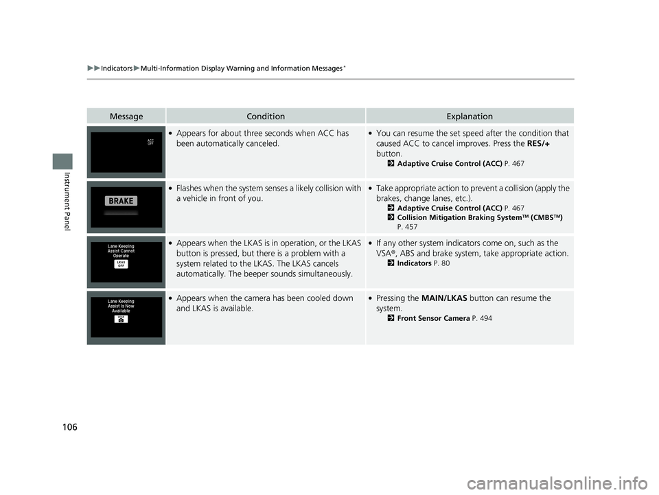 HONDA HR-V 2019 Owners Manual (in English) 106
uuIndicators uMulti-Information Display Warn ing and Information Messages*
Instrument Panel
MessageConditionExplanation
●Appears for about three seconds when ACC has
been automatically canceled HONDA HR-V 2019 Owners Manual (in English) 106
uuIndicators uMulti-Information Display Warn ing and Information Messages*
Instrument Panel
MessageConditionExplanation
●Appears for about three seconds when ACC has
been automatically canceled